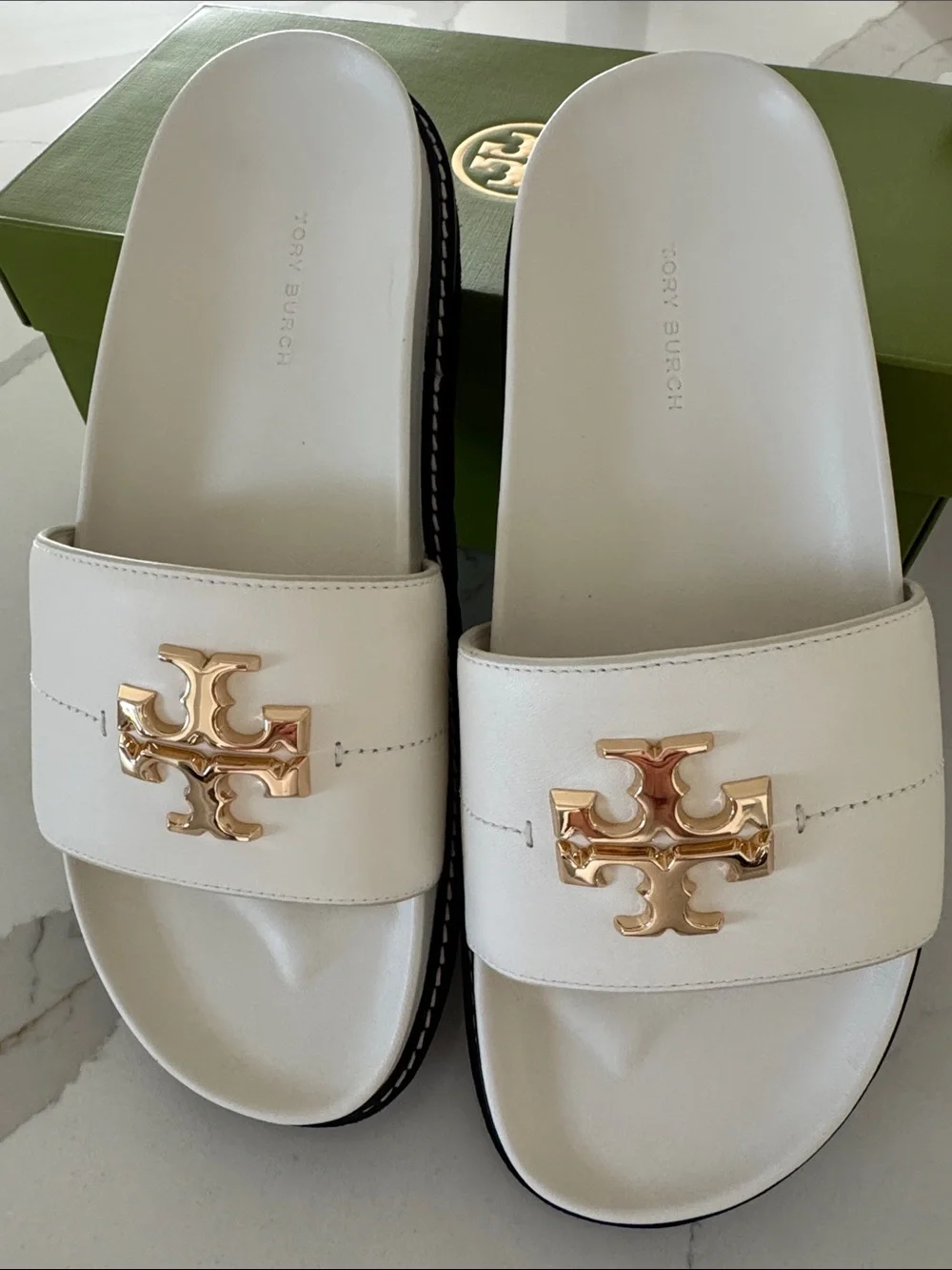 Tory Burch Ivory Everly Anatomic Lug Leather Sandals with Gold Logo Accents Size
